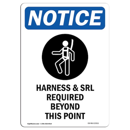 OSHA Notice Sign, Harness & SRL Required With Symbol, 10in X 7in Aluminum